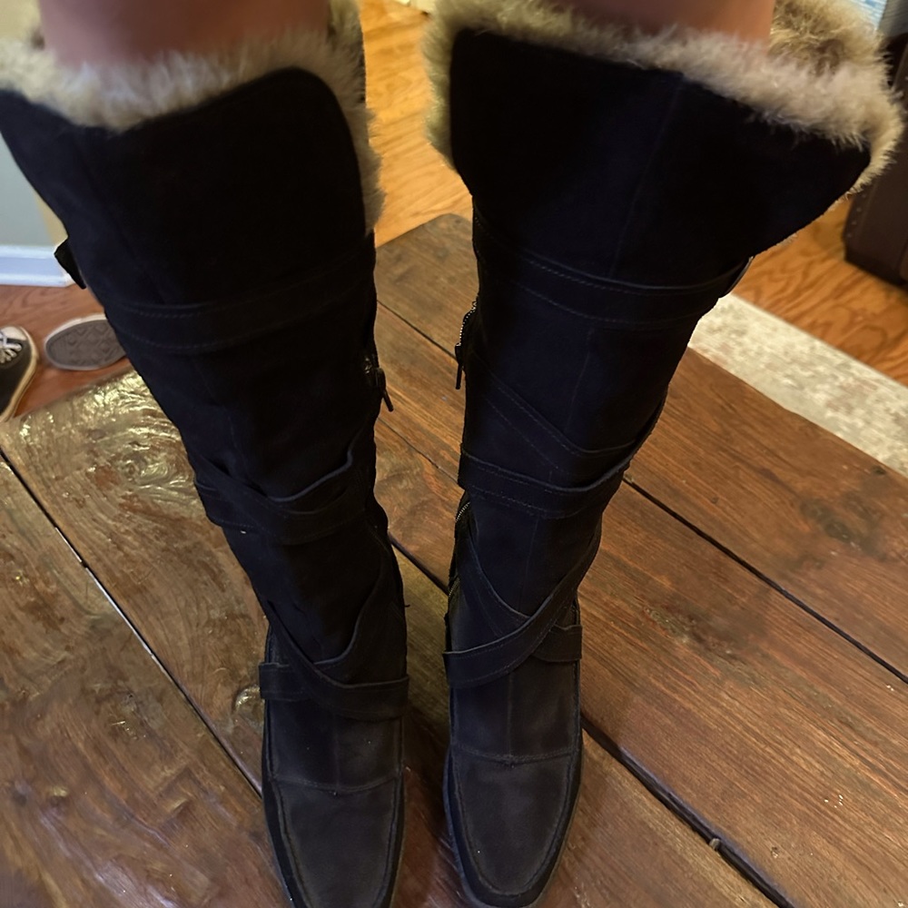 Black suede wedge heeled boots